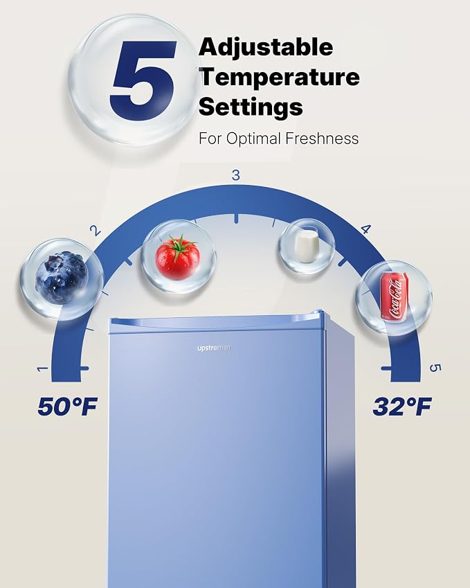 Upstreman 3.2 Cu.Ft Mini Fridge with Freezer, Blue-BR321 | Adjustable Thermostat, Energy Saving, Low Noise, Reversible Door, Small Refrigerator for Dorm, Bedroom, Office - Image 3