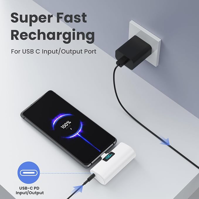 Small Portable Charger 5200mAh,Upgraded PD USB C Power Bank Built-in USB-C Connector,LCD Display Battery Pack,Compatible with iPhone 17/16/15/15 Plus/15 Pro/15 Pro Max/Galaxy Android Phone, White - Image 2