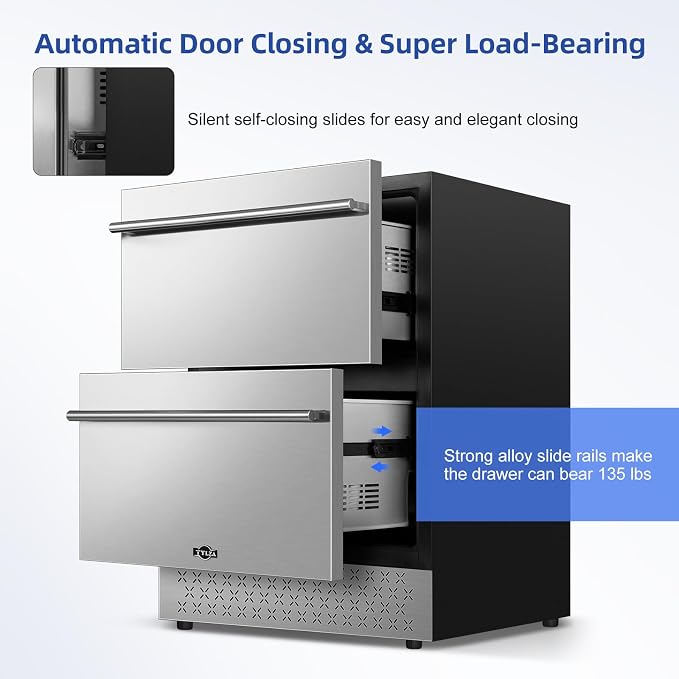 24" Drawer Beverage Fridge 145 Can Stainless Quiet | Fast cool, <38dB, undercounter/free, 37-65°F, stainless IPX4 - Image 3