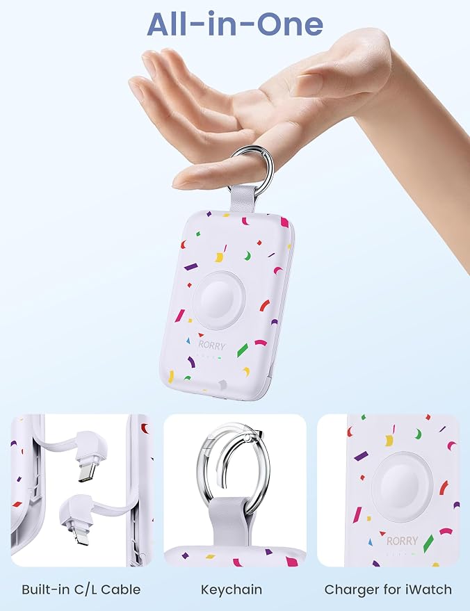 RORRY Portable Charger, 10000mAh PD 20W Fast Charging Portable Charger Power Bank with Built in Cables, Travel Battery Pack for iPhone and Apple Watch Ultra/11/10/9/8/7/6/5, Confetti-Purple - Image 2