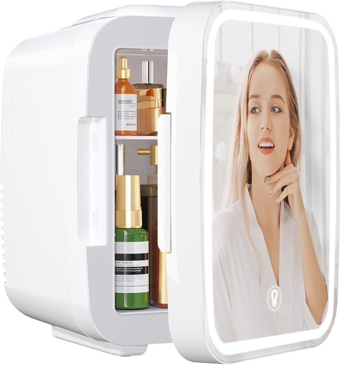 OSTBA Skincare Fridge Mini Fridge for Bedroom with Dimmable LED Mirror, 4Liter/6 Cans Cooler and Warmer for Makeup, Cosmetic, Beauty, Portable Refrigerator for Bedroom, Vanity, Office and Car by OSTBA