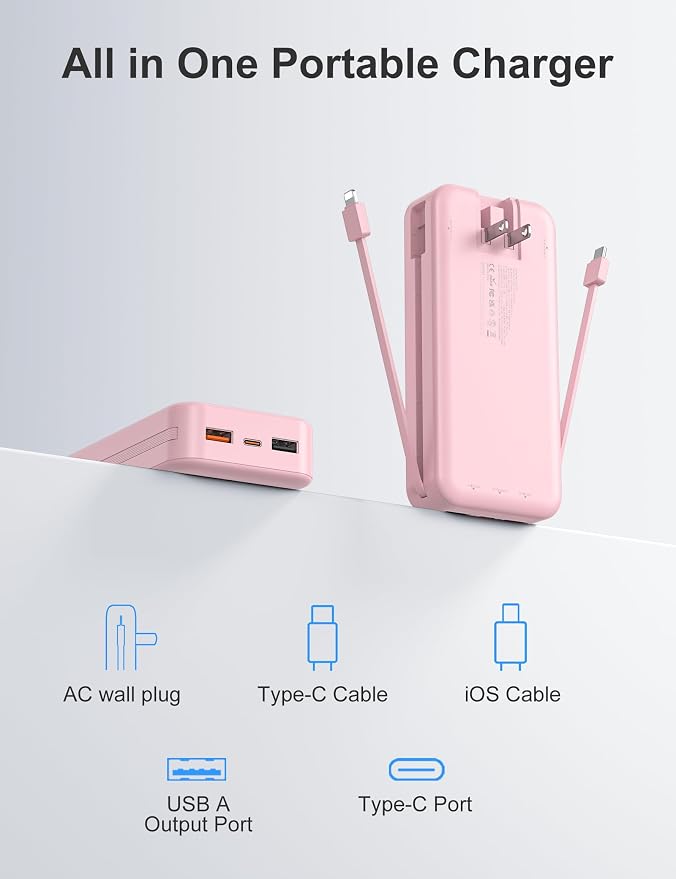 20000mAh Ultra-Portable-Charger-Power-Bank with Built in Cables&AC Wall Plug,PD20W USB-C Fast Charging Cell Phone Charger Battery Pack,LED Display Travel Battery Bank for All iPhone,Samsung,Android - Image 2