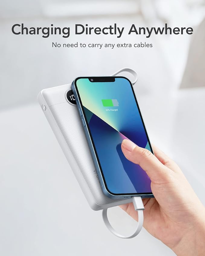 VRURC Portable Charger Power Bank, USB C Battery Pack 10000mAh,5 Outputs 2 Inputs Pocket Travel Charging Bank Built-in Cables for iPhone 17 Pro 17 16 15 14 13,Samsung,Android-White(1 Pack) - Image 7