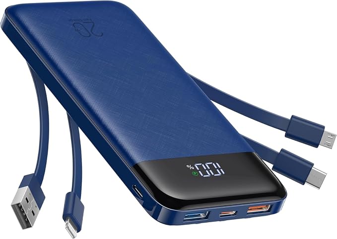 charmast 20000mAh Portable Charger with Built in Cables, 22.5W Travel Power Bank Fast Charging, USB C Cell Phone Battery Pack for iPhone 16/15/14/13/12/11 Series, iPad, Samsung, Android, Tablet by Charmast