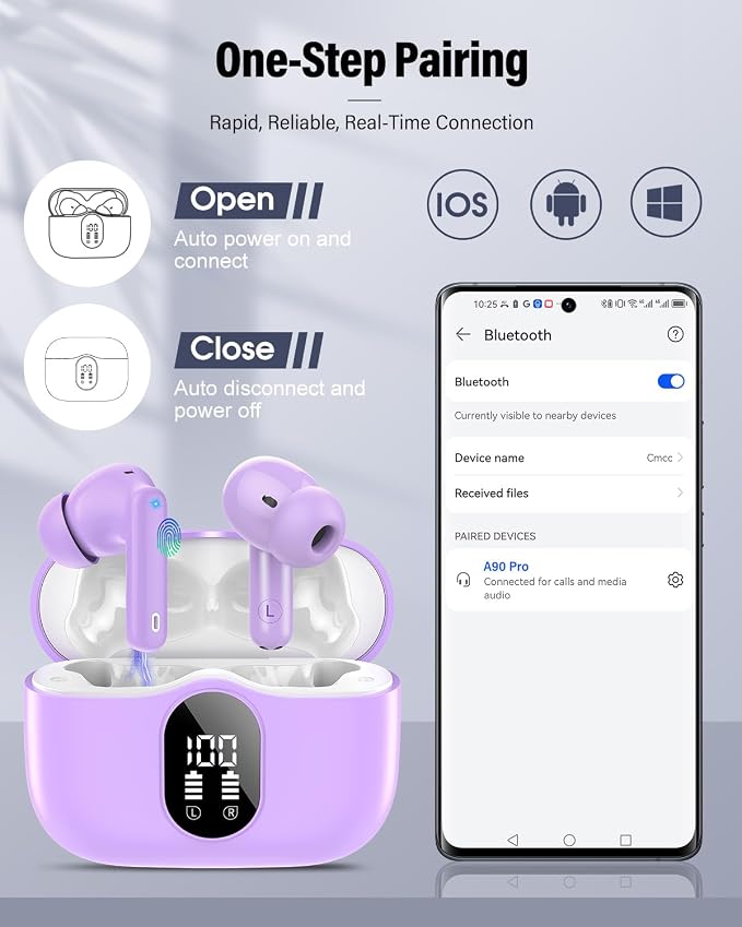 Wireless Earbuds, Bluetooth 5.4 Headphones Bass Stereo/Clear Calls, Purple | Ear Buds with Noise Cancelling Mic LED Display in Ear Earphones IP7 Waterproof 36H Bluetooth Earbuds for Phones/Sport/Laptop - Image 5