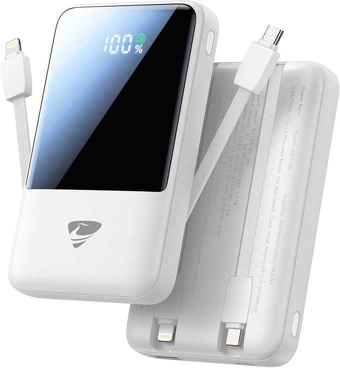 Aioneus Portable Charger, 10000mAh Power Bank 22.5W Fast Charging Portable Charger with Built in Cable Battery Pack USB C Travel Charger for iPhone11 12 13 14 15 16 Samsung GalaxyS24 S23 Android(1 Pk) by Aioneus