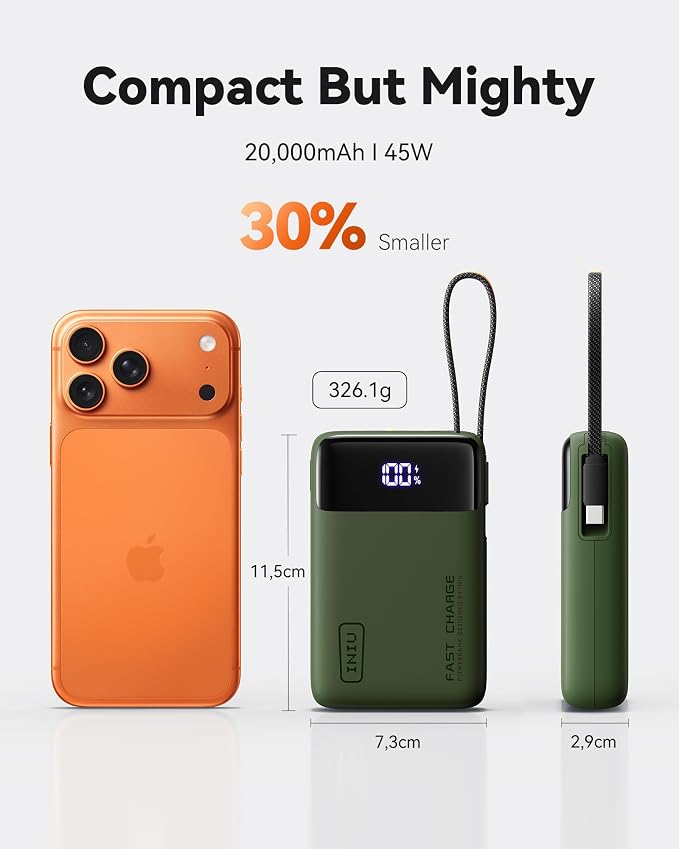 INIU 20000mAh Power Bank, Small Portable Charger, 45W PD Fast Charging Battery Pack with Build in USB-C Cable, Travel Phone Charger for iPhone 17 16 15 14 Air Samsung S25 S24 Google iPad Xiaomi, Green - Image 3