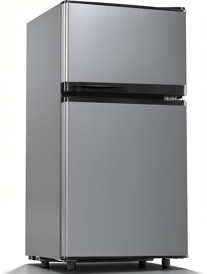 3.6 Cu.Ft Refrigerator with Freezer for Kitchen Office, Silver | Double Door Small Fridge with Freezer, 7-Level Thermostat, Adjustable Shelves & Quiet Operation for Dorm and Bedroom by Manastin