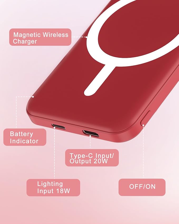 podoru for Magsafe Battery Pack, 5000mAh Magnetic Power Bank with Type-C Cable 20W PD Fast Charging Lighting Input Wireless Portable Charger for iPhone 17/16/15/14/13/12/ All Series-Red - Image 5