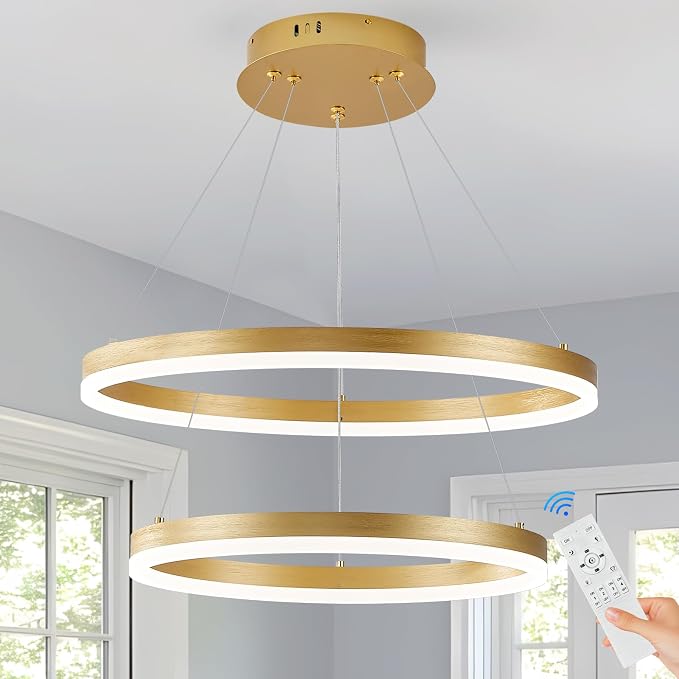 Modern LED Chandelier Gold 2-Rings Pendant Light Circular Flush Mount Ceiling by Sparklelf