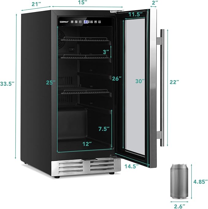 COSTWAY 15 Inch Beverage Cooler Refrigerator - 3.5 Cu.ft Mini Fridge with Glass Door, Lock and Removable Shelves for Soda Beer Wine, Freestanding Small Drink Refrigerator for Home Office Bar - Image 8