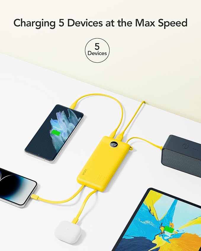VRURC Portable Charger with Built-in Cables, 10000mAh LED Display USB C Power Bank, Slim Travel Battery Pack with 5 Output 2 Input Compatible with iPhone 17 16 15 13,Samsung,Android etc-Yellow(1 Pack) - Image 4