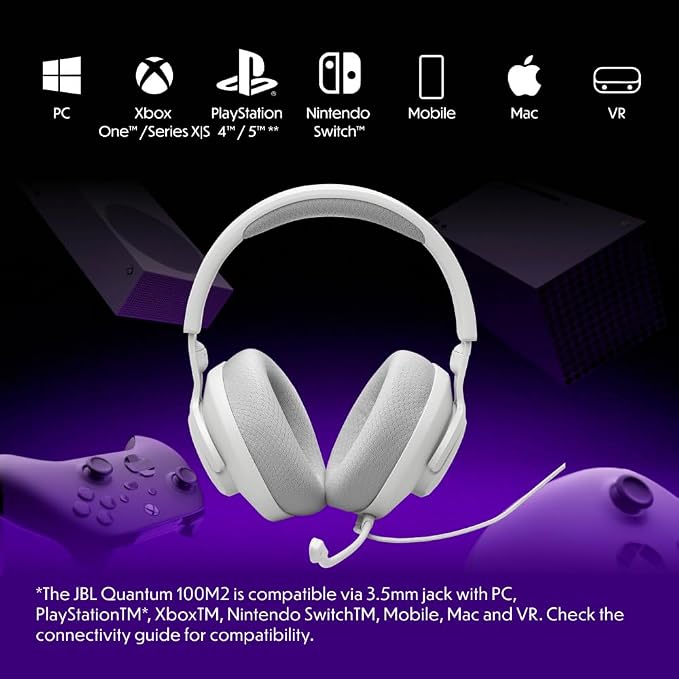 JBL Quantum 100M2 Wired Gaming Headset, Detachable Mic - White | Memory Foam Ear Cushions And 3.5 Mm Jack Work With PC, PlayStation, Xbox, Nintendo Switch For Immersive PC Gaming Sessions - Image 2