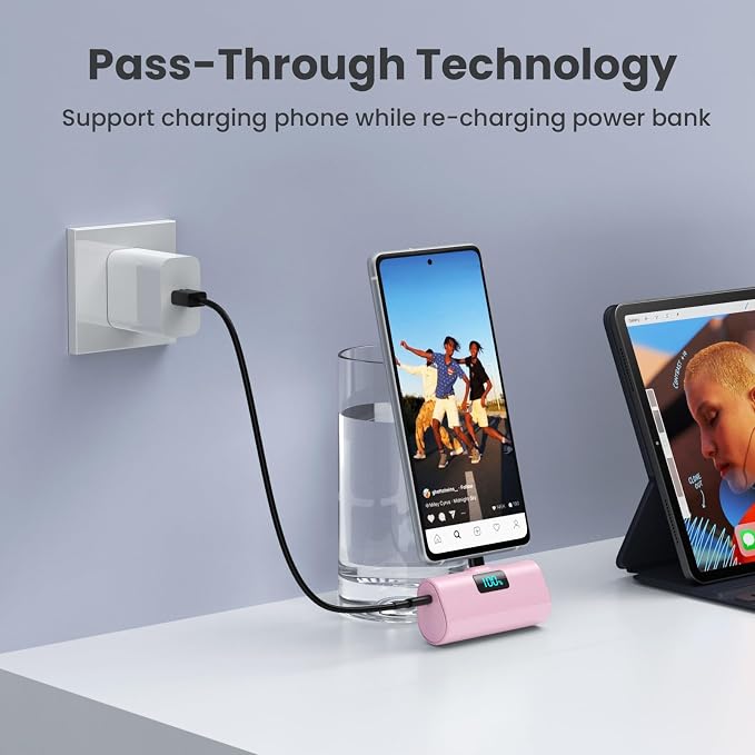 Mini Portable Charger USB C Power Bank,Upgraded 5500mAh PD Fast Charging Battery Pack Built-in USB-C Connector Travel Essential for iPhone17/17Pro/17Pro Max/Air/16 Plus/16Pro Max/15 Series -Pink - Image 5