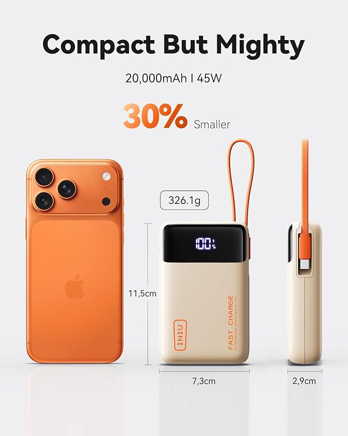 INIU 20000mAh Power Bank, Small Portable Charger, 45W PD Fast Charging Battery Pack with Build in USB-C Cable, Travel Phone Charger for iPhone 17 16 15 14 Air Samsung S25 S24 Google iPad Xiaomi, Beige - Image 3