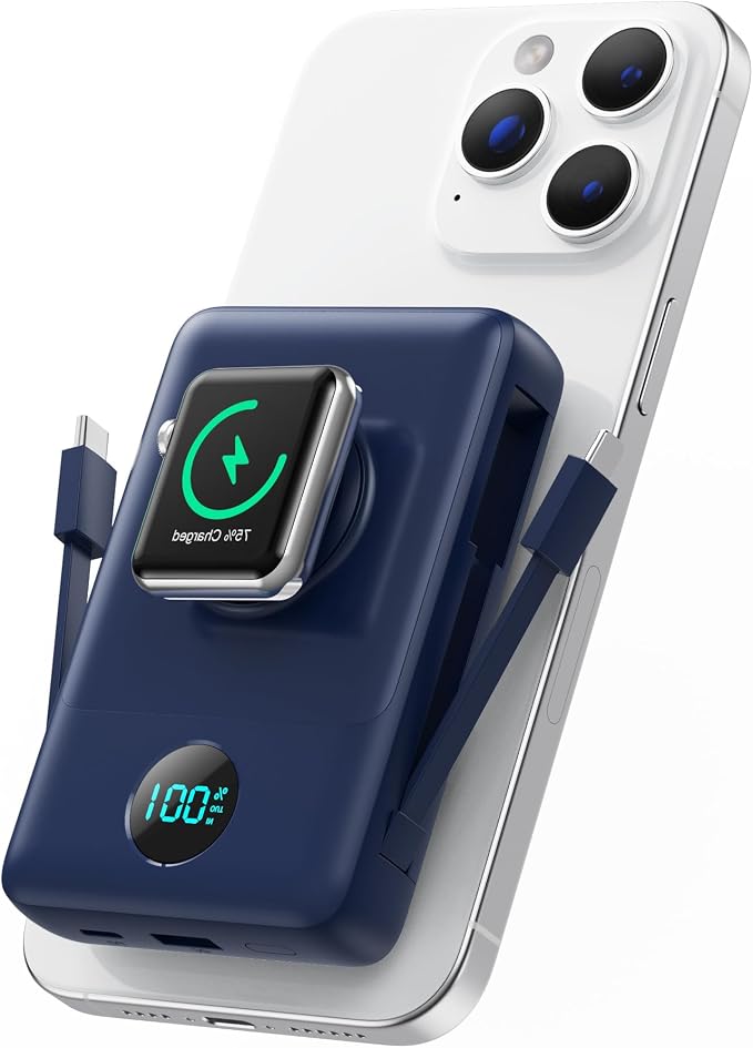 Magnetic Portable Charger for MagSafe with Built-in Cable,iWatch Charger,10800mAh Wireless Power Bank Travel Essentials,25W PD Fast Charging Battery Pack for iPhone 17/16/15/14/13/12,Apple Watch-Navy by Ekrist