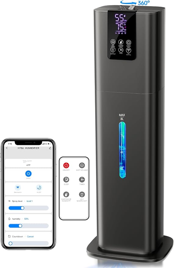 8L Smart Humidifier for Large Room Bedroom, Cover up to 505ft², Easy Top Fill, Remote & APP Control, Aroma Box, RGB Light, Last 48 Hours Suitable for Indoor Plant, Office, Home by HumidifiersforLargeRoom