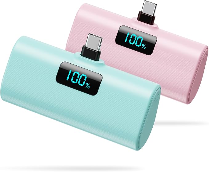 [2-Pack]Small Portable Charger 5200mAh,Upgraded PD USB C Power Bank Built-in USB-C Connector,LCD Display Battery Pack for iPhone 15/15 Plus/15 Pro/15 Pro Max/Samsung Android(Pink+Green) by HETP