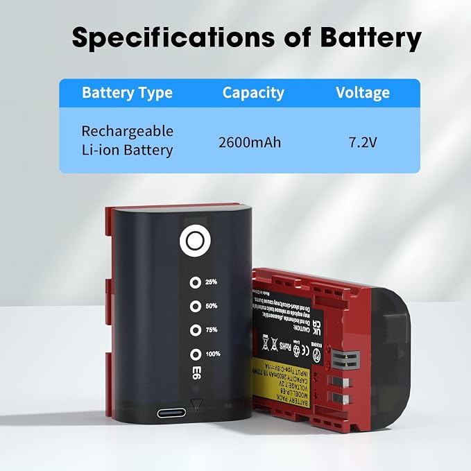 LP LP-E6, LP-E6N Battery 2-Pack 2600mAh USB-C Charging, LED Display Replacement - Image 8