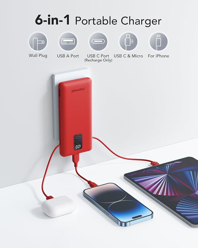 charmast Portable Charger with Built-in Cables and Plug, 10000mAh USB C Power Bank Fast Charging, External Battery Pack Slim, Travel Essentials Compatible with iPhones, Samsung Galaxy, iPad - Image 2