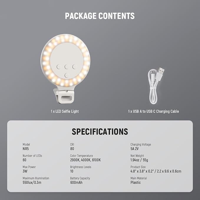 NEEWER Entry Level Version 3.8" Ring Light, 3W Clip on Phone Selfie Lighting - Image 8