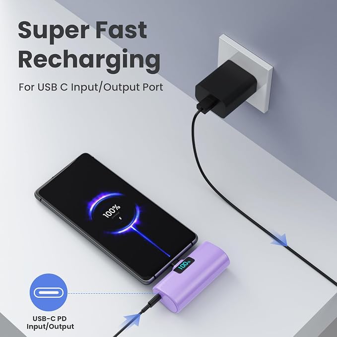 [2-Pack]Small Portable Charger 5200mAh, Upgraded PD USB C Power Bank Built-in USB-C Connector,LCD Display Battery Pack Compatible with iPhone 15/15 Plus/15 Pro/15 Pro Max/Samsung Android(Black+Purple) - Image 2