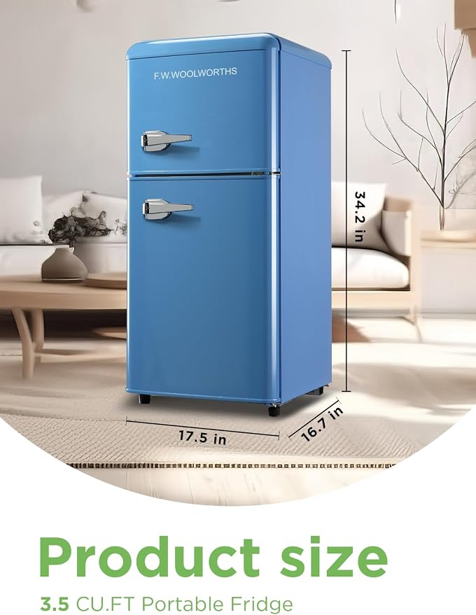 F.W.WOOLWORTHS 3.5 Cu.Ft Refrigerator with Freezer | Compact Fridge with 2 Doors for Office, Kitchen, Dorm and Bedroom, 7 Level Temp Adjustable Thermostat, Blue - Image 2