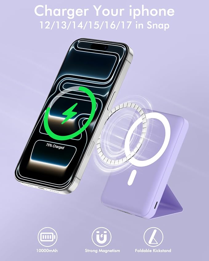 podoru for Magsafe Battery Pack, Foldable 10000mAh Magnetic Power Bank with USB-C Cable LED Display 22.5W PD Fast Charging Wireless Portable Charger for iPhone 17/16/15/14/13/12 Series-Light Purple - Image 3