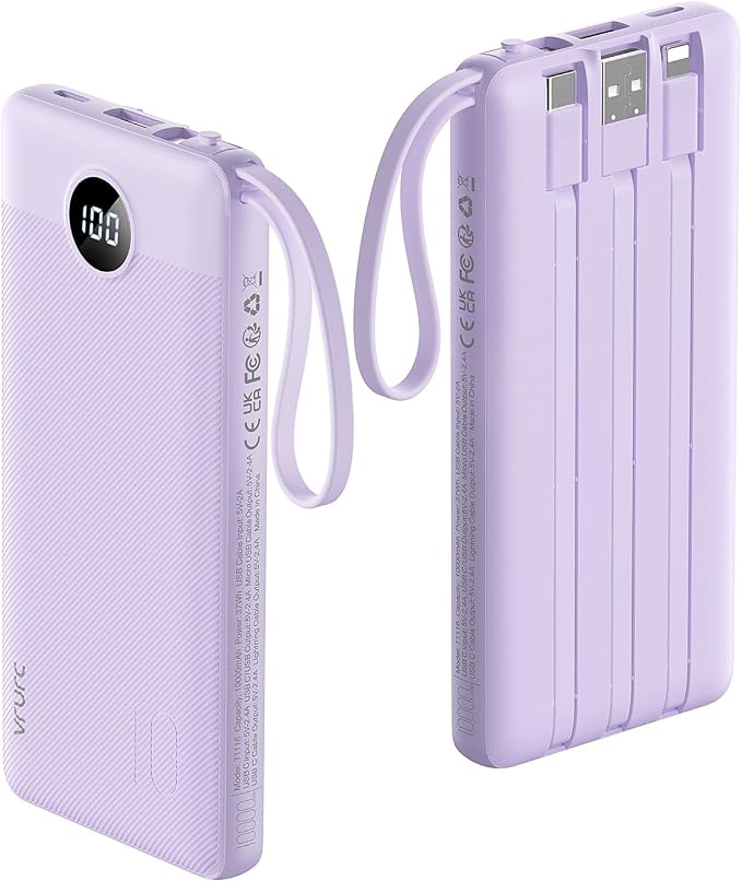 VRURC Portable Charger Power Bank, 10000mAh Travel Essentials Battery Pack, 5 Outputs 2 Inputs Slim Charging Bank Built-in Cables Cords for iPhone 17 16 15 14 13,Samsung,Android-Lavender(1 Pack) by Home