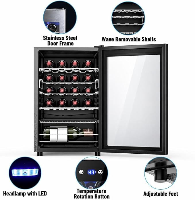 Electactic 37-Bottle Freestanding Wine Cooler Refrigerator, 4.5 Cu. Ft | Removable wave-shaped wire shelves, fan cooling, and sub-38 dB operation help organize bottles with minimal noise. - Image 7
