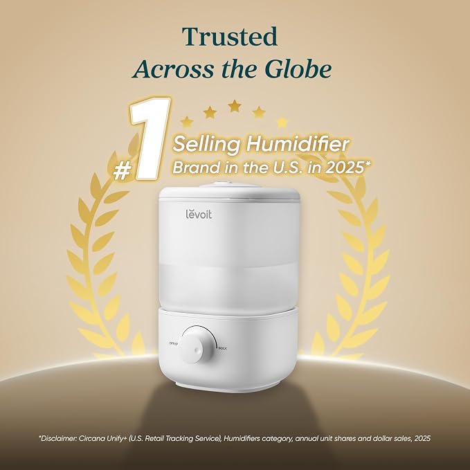 LEVOIT Top Fill Humidifiers for Bedroom, 2.5L Tank for Large Room, Easy to Fill & Clean, 28dB Quiet Cool Mist Air Humidifier for Home Baby Nursery & Plants, Auto Shut-off for Safety, 25H - Image 6