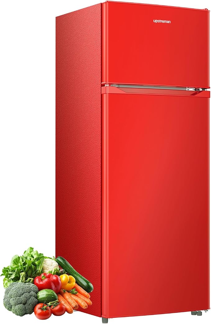 Upstreman 7.7 Cu Ft Refrigerator with Freezer Double Door Fridge | 7 Adjustable Thermostat , Reversible Door, Large Capacity Refrigerator for Apartment, Dorm, Office, Kitchen, Red (BD-75) by StartUpLiveBetter