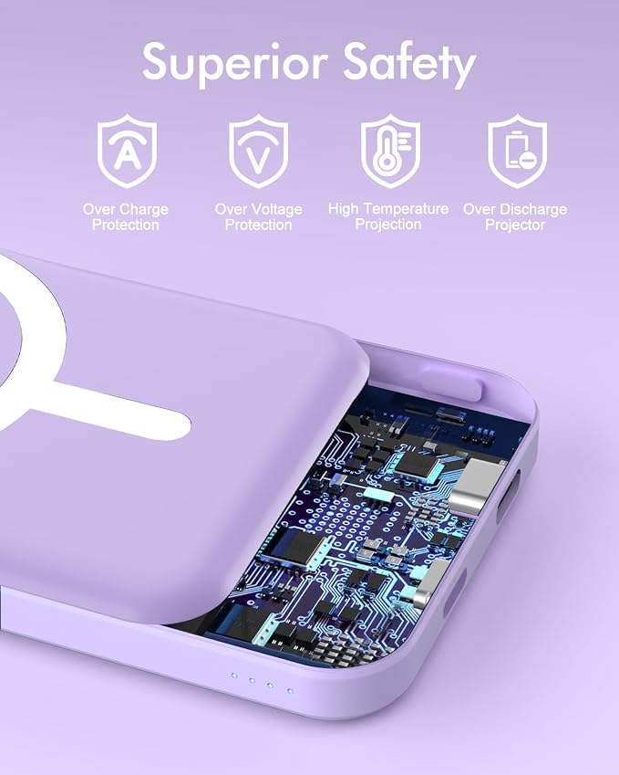 podoru for Magsafe Battery Pack, 5000mAh Magnetic Power Bank with Type-C Cable 20W PD Fast Charging Lighting Input Wireless Portable Charger for iPhone iPhone 17/16/15/14/13/12/ All Series-Purple - Image 7