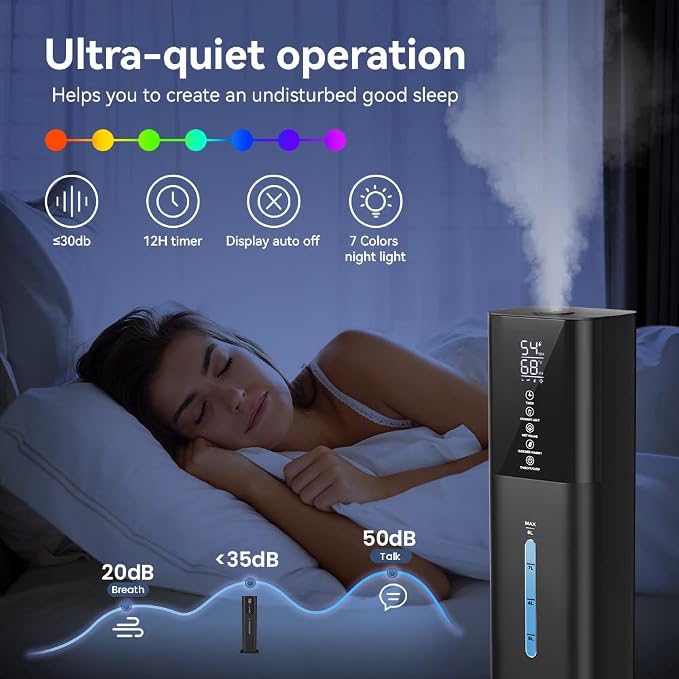 Humidifiers Large Room Bedroom with 7 Colors Light, 2.1Gal(8L) 3 Speed Quiet Ultrasonic Cool Mist Humidifier with 360° Nozzle, Humidity Setting, Timer,Aroma Box for Home Plant Baby Yoga Sleep (Black) - Image 5