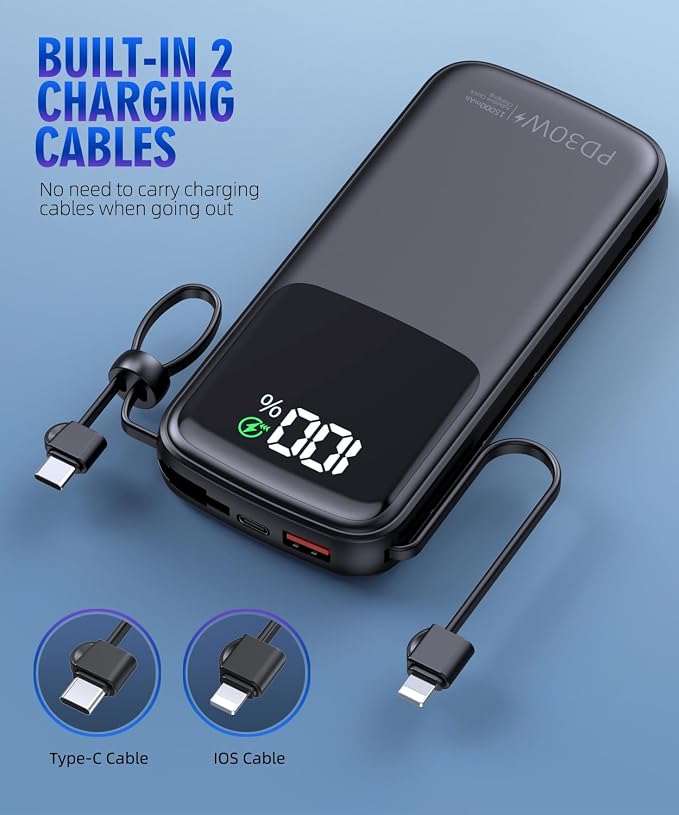 UYAYOHU Portable Charger, Power Bank, 15000mAh Battery Pack Fast Charging Lightweight, Built-in AC Wall Plug and 2 Output Cables with LED Display for iPhone15 14 13 12 11 Samsung iPad etc(Deep Black) - Image 4