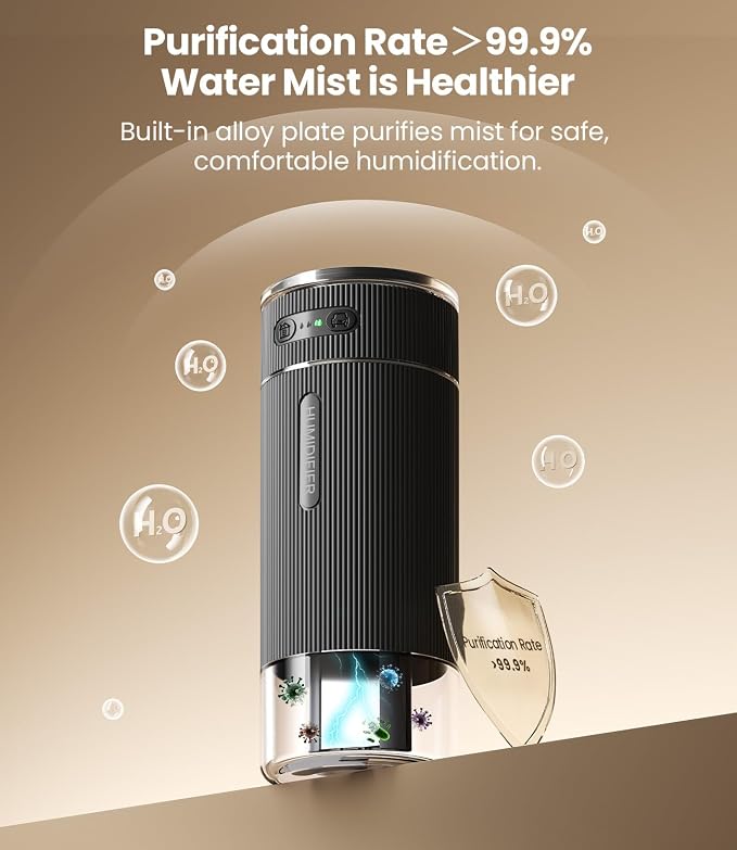 WSKEN Portable Small Humidifier for Bedroom - [Dual Nozzle Large Cool Mist] [Ambiance Lighting] [Car Smart On/Off] Ultrasonic Mini Personal Desk Air Humidifiers for Travel Office Baby Room,Black - Image 3