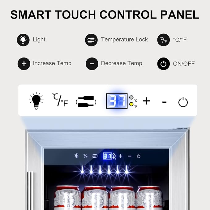 15" Beverage Cooler 130 Can Quiet Compressor Fridge | Quiet < 38dB, fast stable cooling, temp memory, glass door lock, built-in/freestanding - Image 3