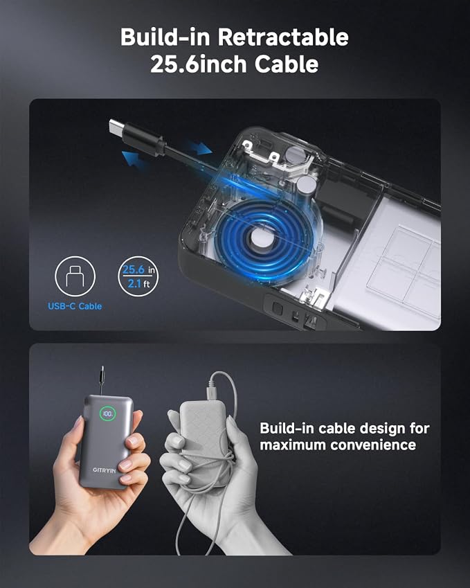 Portable Charger with Built in 25.6in Retractable Cable and Wall Plug, 10000mAh USB C Travel Power Bank, 35W Fast Charging Battery Pack Compatible with iPhone 16 15 14 13 Samsung Android Phone etc - Image 2