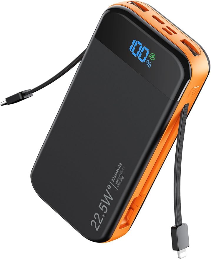 Portable Charger Power Bank Built-in Cables, 32000mAh 22.5W USB C Fast Charging, 5 Outputs 3 Inputs Travel Essentials Battery Pack Compatible with iPhone, iPad, Samsung, Google Pixel, Orange by LENGSUM