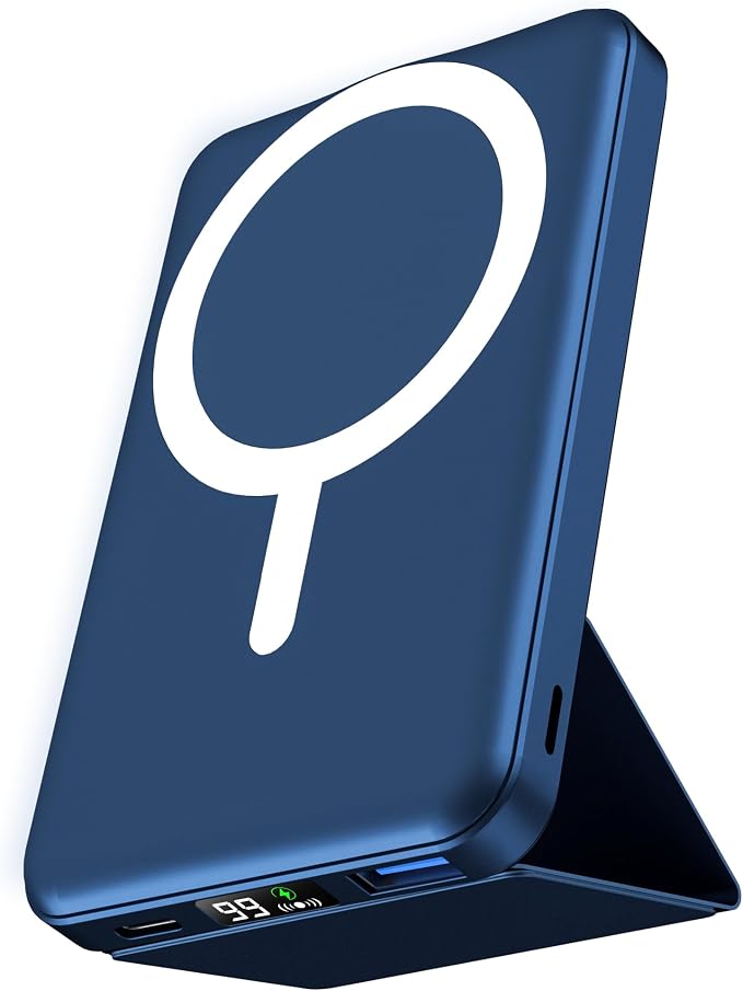 podoru for Magsafe Battery Pack, Foldable 10000mAh Magnetic Power Bank with USB-C Cable LED Display 22.5W PD Fast Charging Wireless Portable Charger for iPhone 17/16/15/14/13/12 Series-Navy Blue by PodoruPowerBank