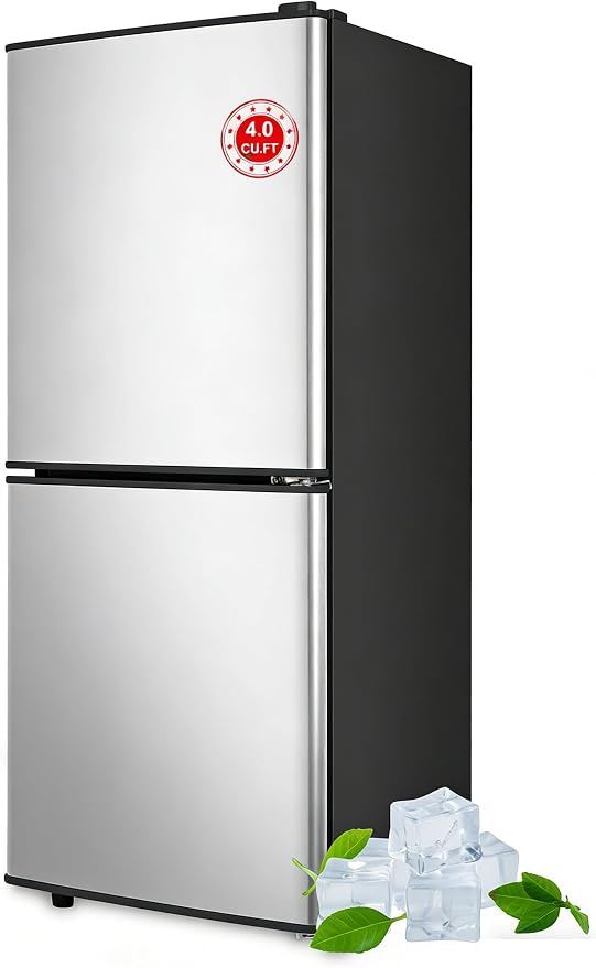 Refrigerator with Freezer 4.0 Cu.Ft Bottom Freezer 2 Door Fridge Silver | 7 Level Adjustable Thermostat Control, Lock Fresh,for Apartment Bedroom Dorm and Office,Low noise by KRIBBLING