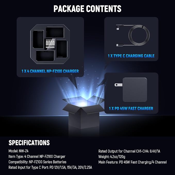NEEWER 4 Channel USB Charger for NP-FZ100 Camera Battery Compatible - Image 8