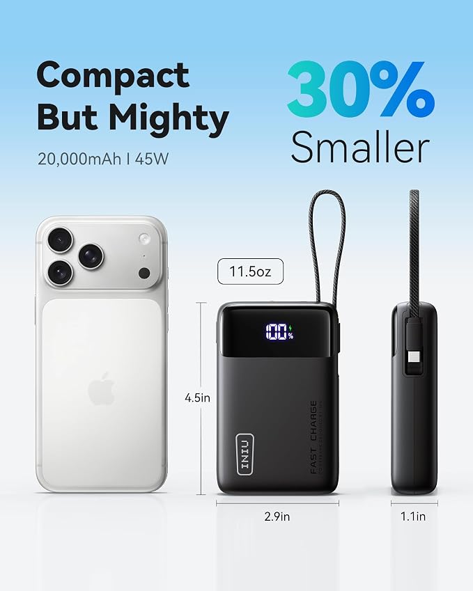 INIU 20000mAh Power Bank, Small Portable Charger, 45W PD Fast Charging Battery Pack with Build in USB-C Cable, Travel Phone Charger for iPhone 17 16 15 14 Air Samsung S25 S24 Google iPad Xiaomi, Black - Image 3