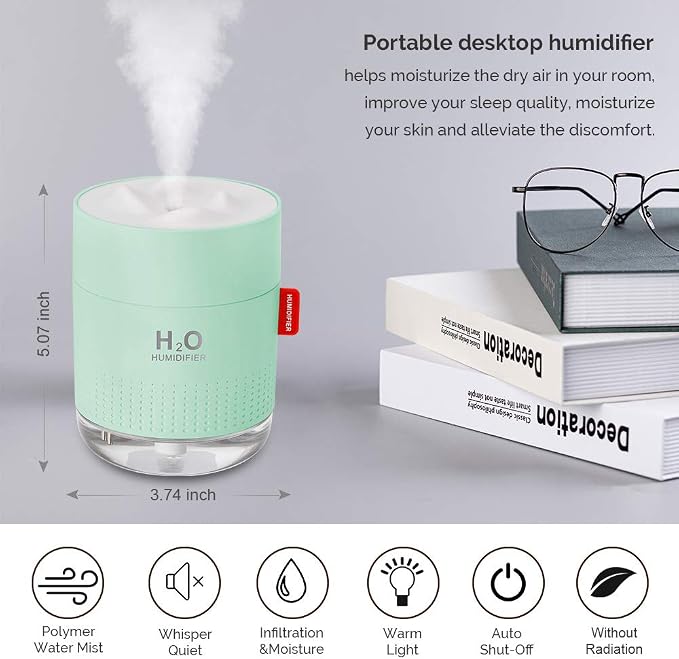 Green Portable Mini Humidifier, 500ml Small Cool Mist USB Desktop Humidifier for Baby Bedroom, Travel, Office, Home - Auto Shut-Off, 2 Mist Modes, Super Quiet - Image 2