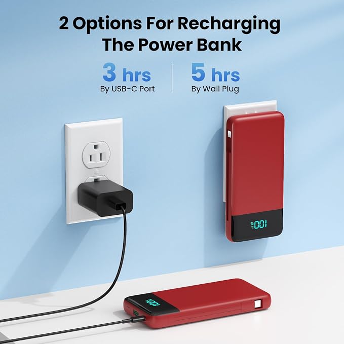 FOCHEW Portable Charger for iPhone with Built in Cables and Wall Plug,Upgraded 13800mAh Fast Charging USB C Power Bank,4 Outputs Travel Essential Battery Pack Compatible with iPhone 15/14/13/12,-Red - Image 3
