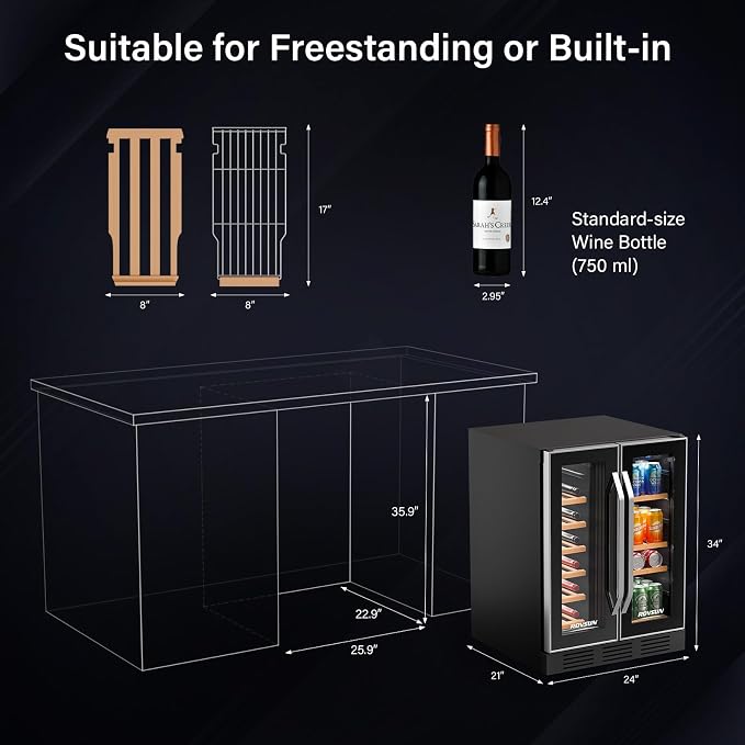 ROVSUN 24 Inch Wine and Beverage Refrigerator, Hold 17 Bottles and 61 Cans | 34 Bottles Dual Zone Wine Fridge, 37°F to 64°F, LED Light, Built-in or Under Counter Wine Refrigerator for Home/Bar/Kitchen - Image 6