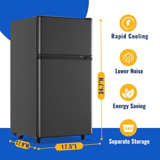 3.5 Cu.Ft Grey Mini Fridge With Freezer Compact Refrigerator for Dorm | Freestanding Fridge with 7 Level Adjustable Thermostat, Removable Shelves, Fast Cooling, Low Consumption - Image 3