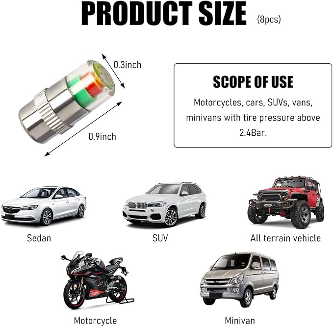Yourkar 8 PCS Tire Pressure Monitor Valve Stem Caps, 2.4Bar 36PSI Car Tire - Image 2