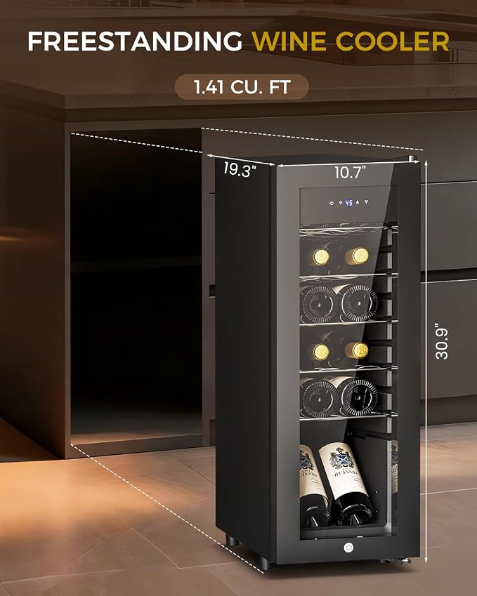 Feelfunn 12 Bottle Wine Cooler Refrigerator - Small Wine Fridge for Red, White, Champagne, Freestanding Wine Cellar with Glass Door & Digital Temperature Control for Home Bar, Office - Image 3