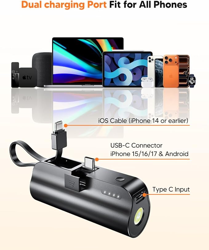 5000mAh Mini Portable Charger with Built-in Type C Connector & Cables,5V 2.4A USB-C Small Power Bank,2 Output Flashlight External Battery Pack Compatible with iPhone 17-12 Pro Galaxy,iPad (Black) - Image 2